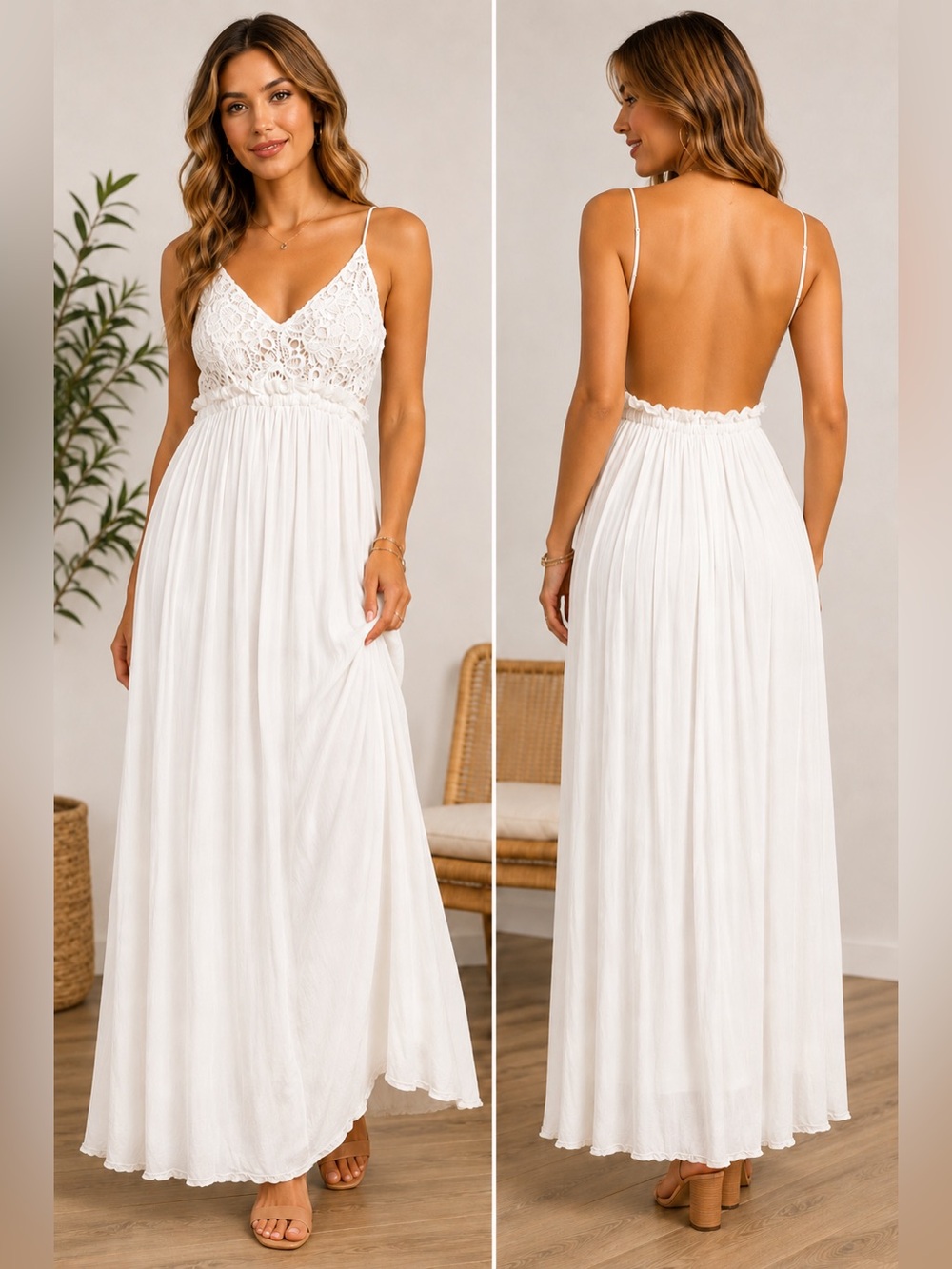 Dejavu Ivory Crochet Lace Open Back Maxi Dress Boho Beach Small NWT